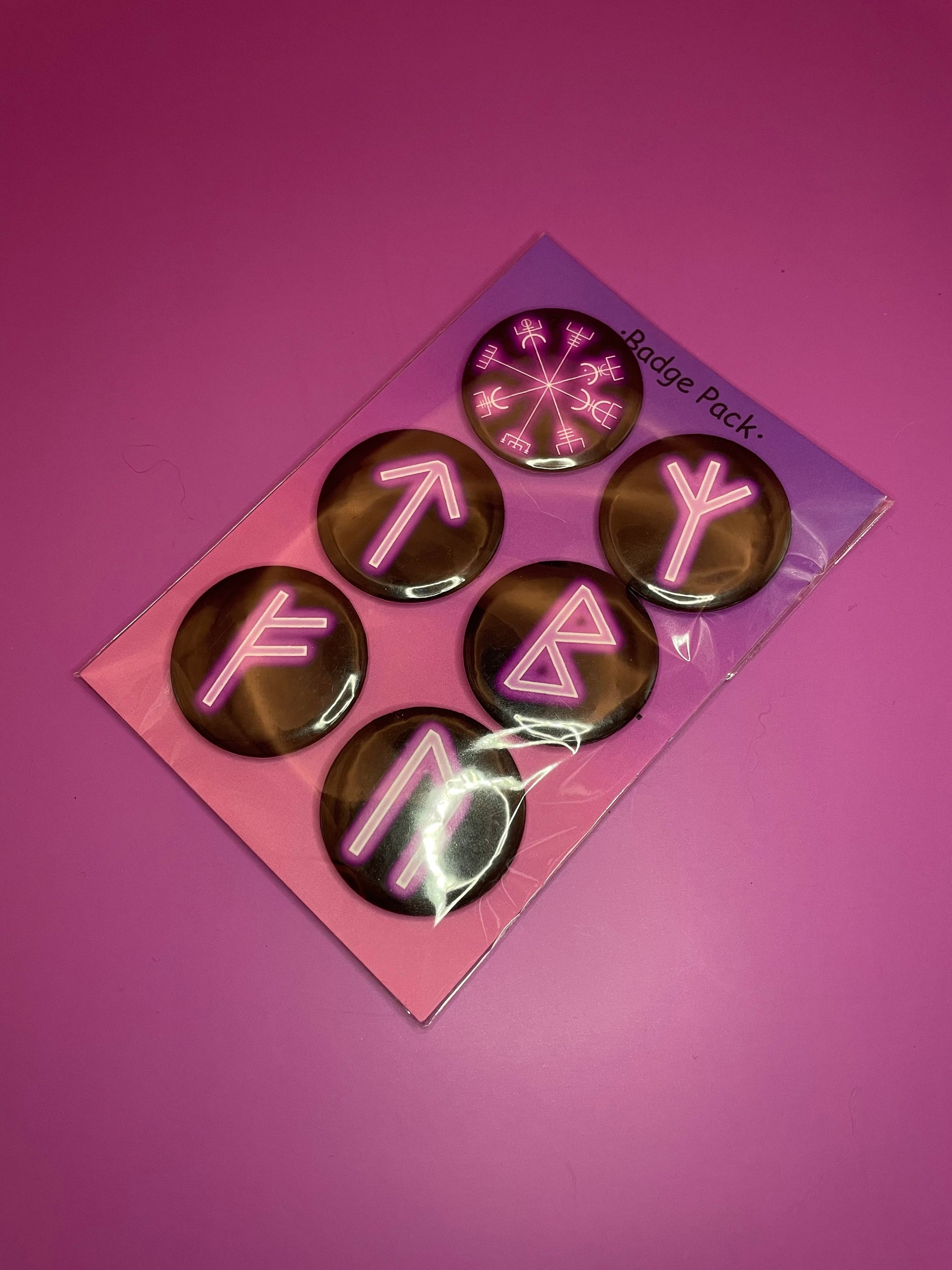 Lilac Viking/Norse Rune Badge Pack - Set 1 - Vegvisir, Algiz, Tiwaz, Berkana, Fehu and Urus Shadowolf Art