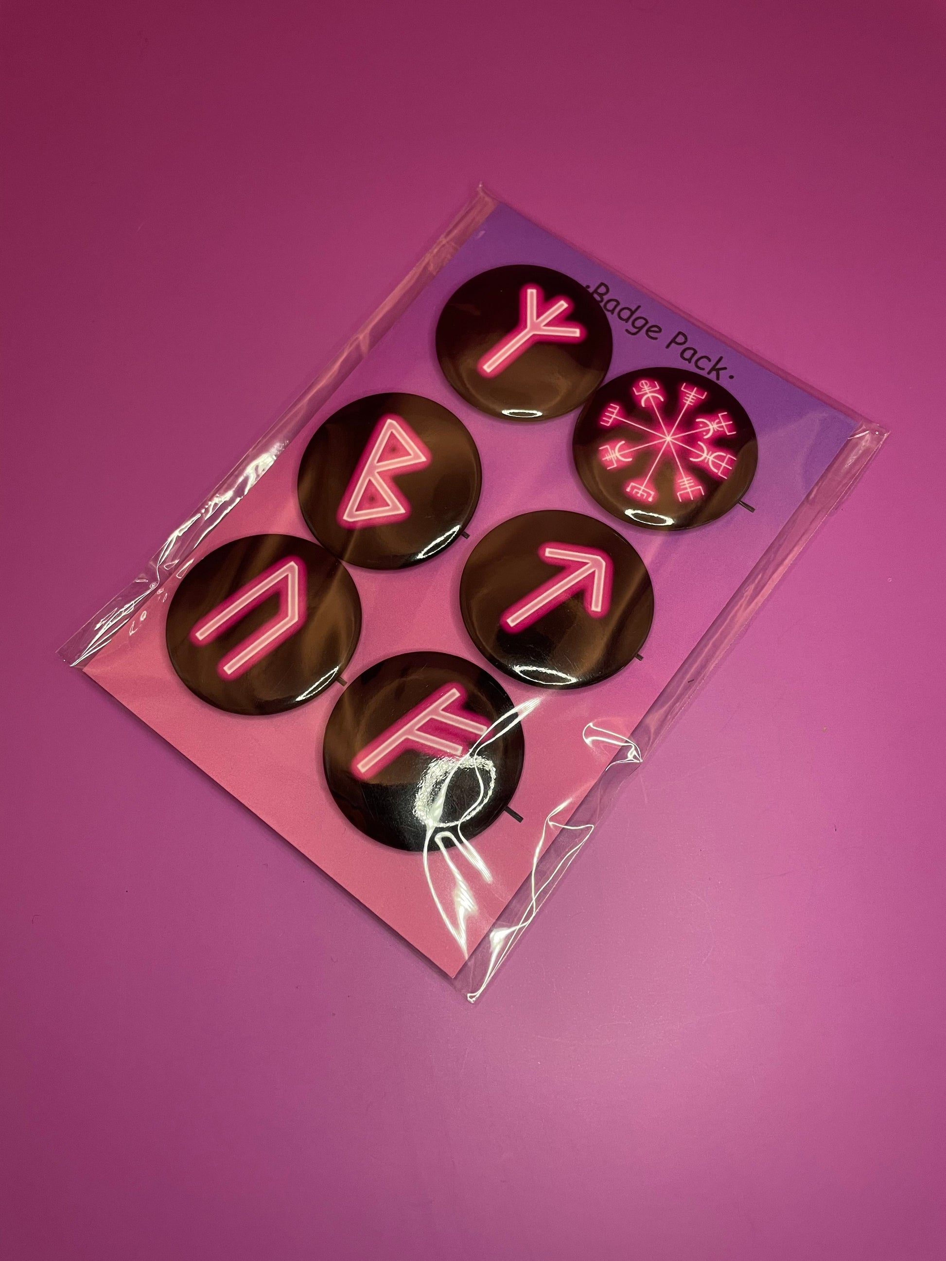 Pink Viking/Norse Rune Badge Pack - Set 1 - Vegvisir, Algiz, Tiwaz, Berkana, Fehu and Urus Shadowolf Art