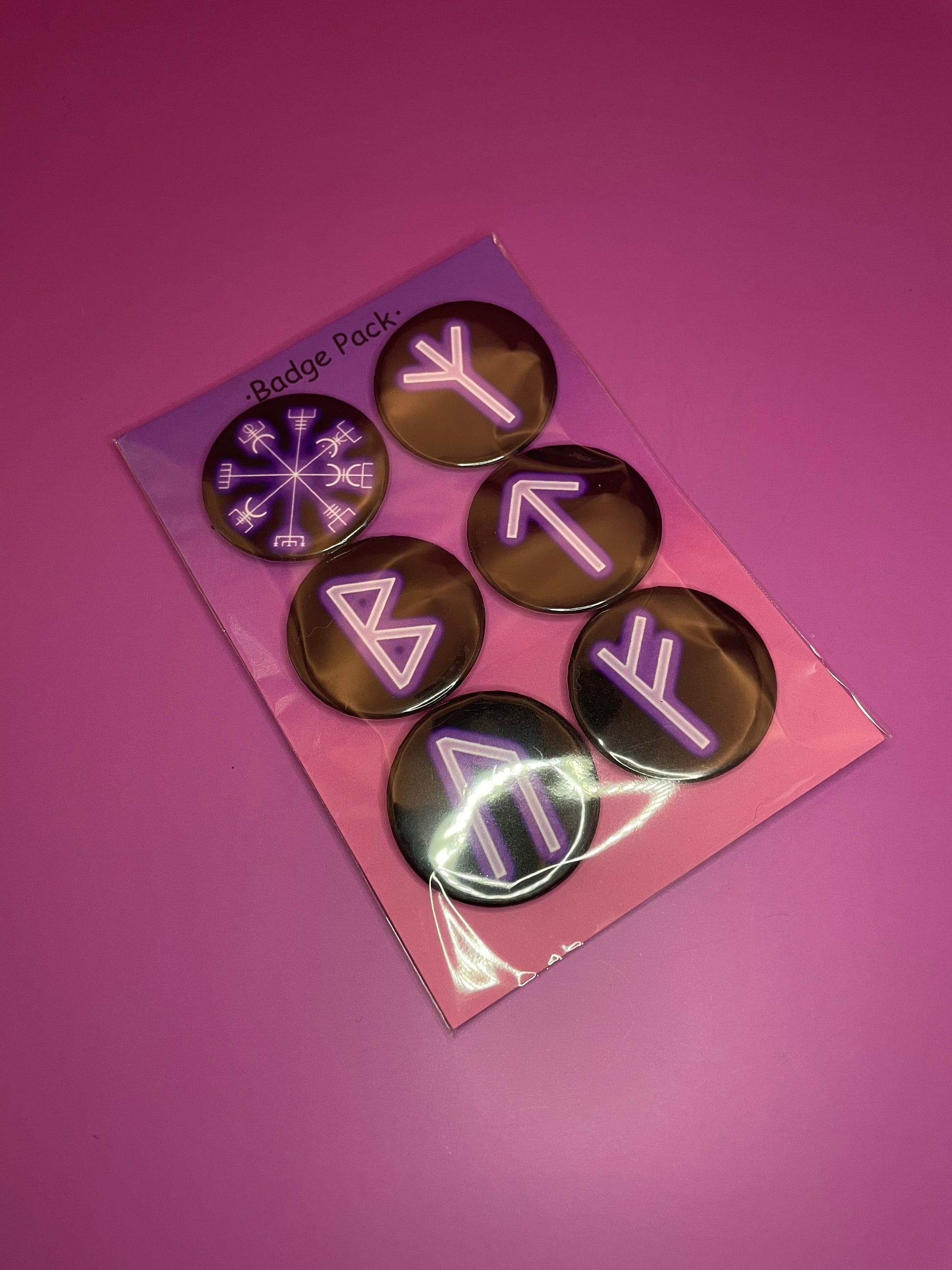 Purple Viking/Norse Rune Badge Pack - Set 1 - Vegvisir, Algiz, Tiwaz, Berkana, Fehu and Urus Shadowolf Art