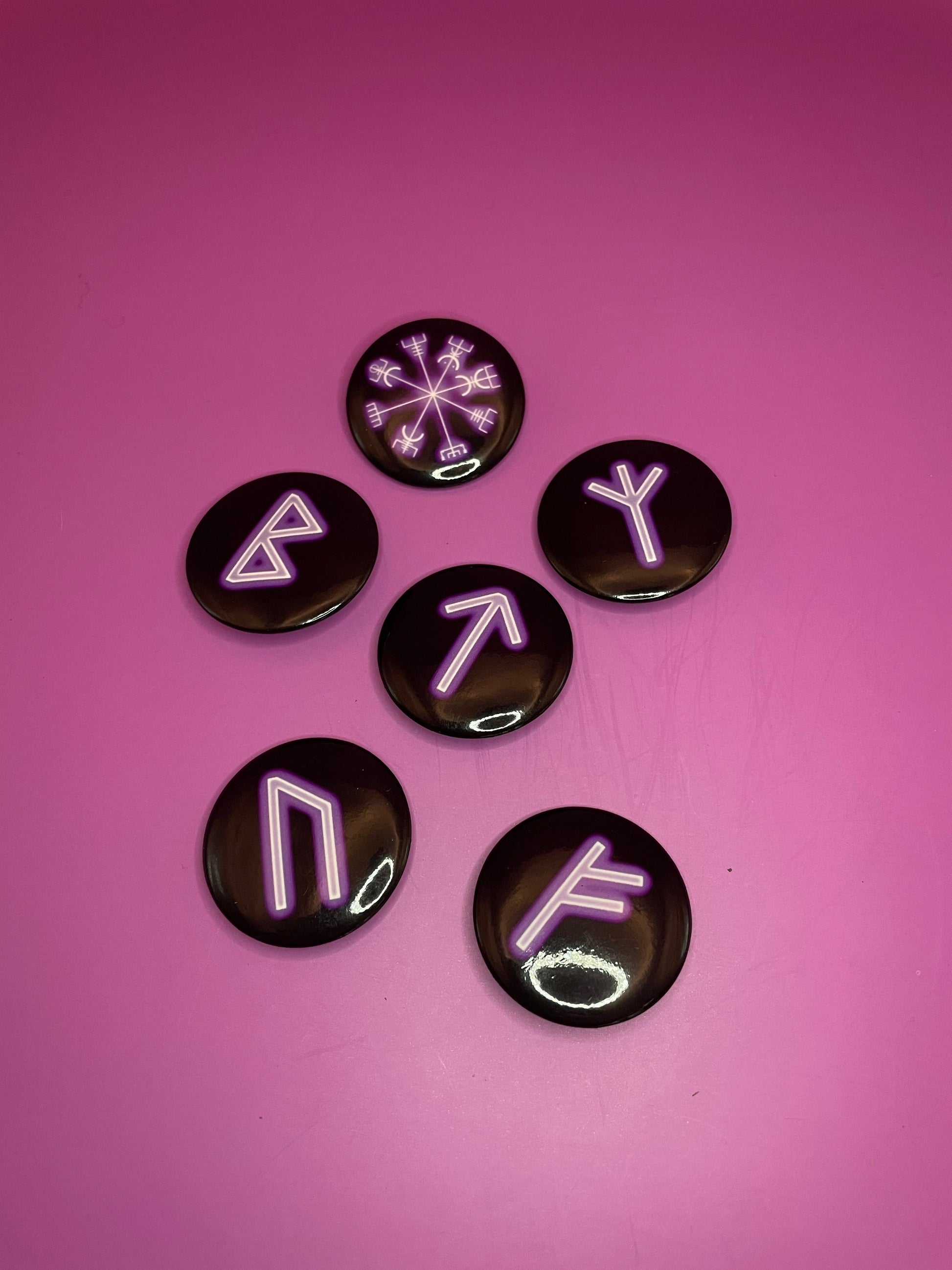Purple Viking/Norse Rune Badge Pack - Set 1 - Vegvisir, Algiz, Tiwaz, Berkana, Fehu and Urus Shadowolf Art
