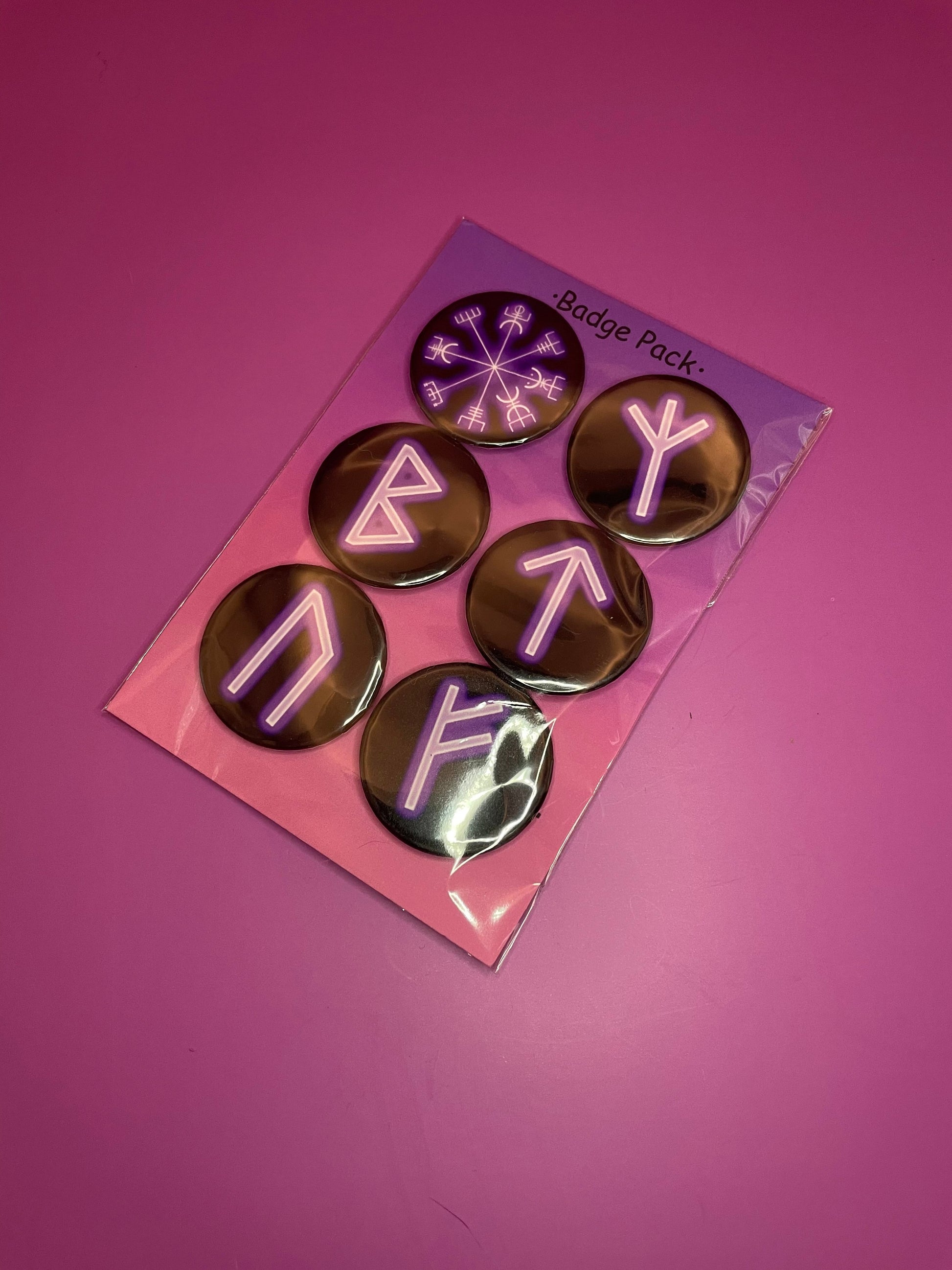 Purple Viking/Norse Rune Badge Pack - Set 1 - Vegvisir, Algiz, Tiwaz, Berkana, Fehu and Urus Shadowolf Art