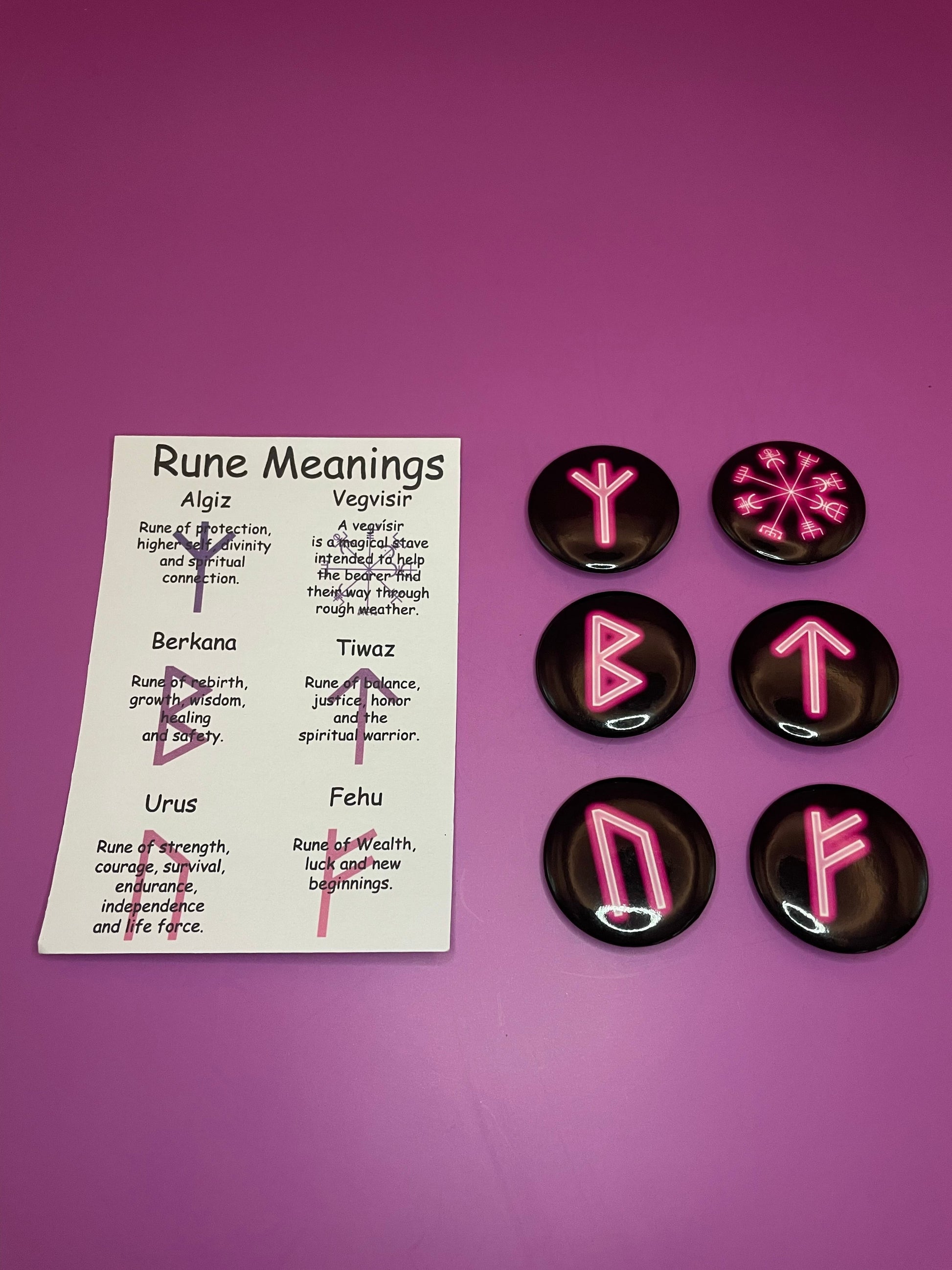 Pink Viking/Norse Rune Badge Pack - Set 1 - Vegvisir, Algiz, Tiwaz, Berkana, Fehu and Urus Shadowolf Art
