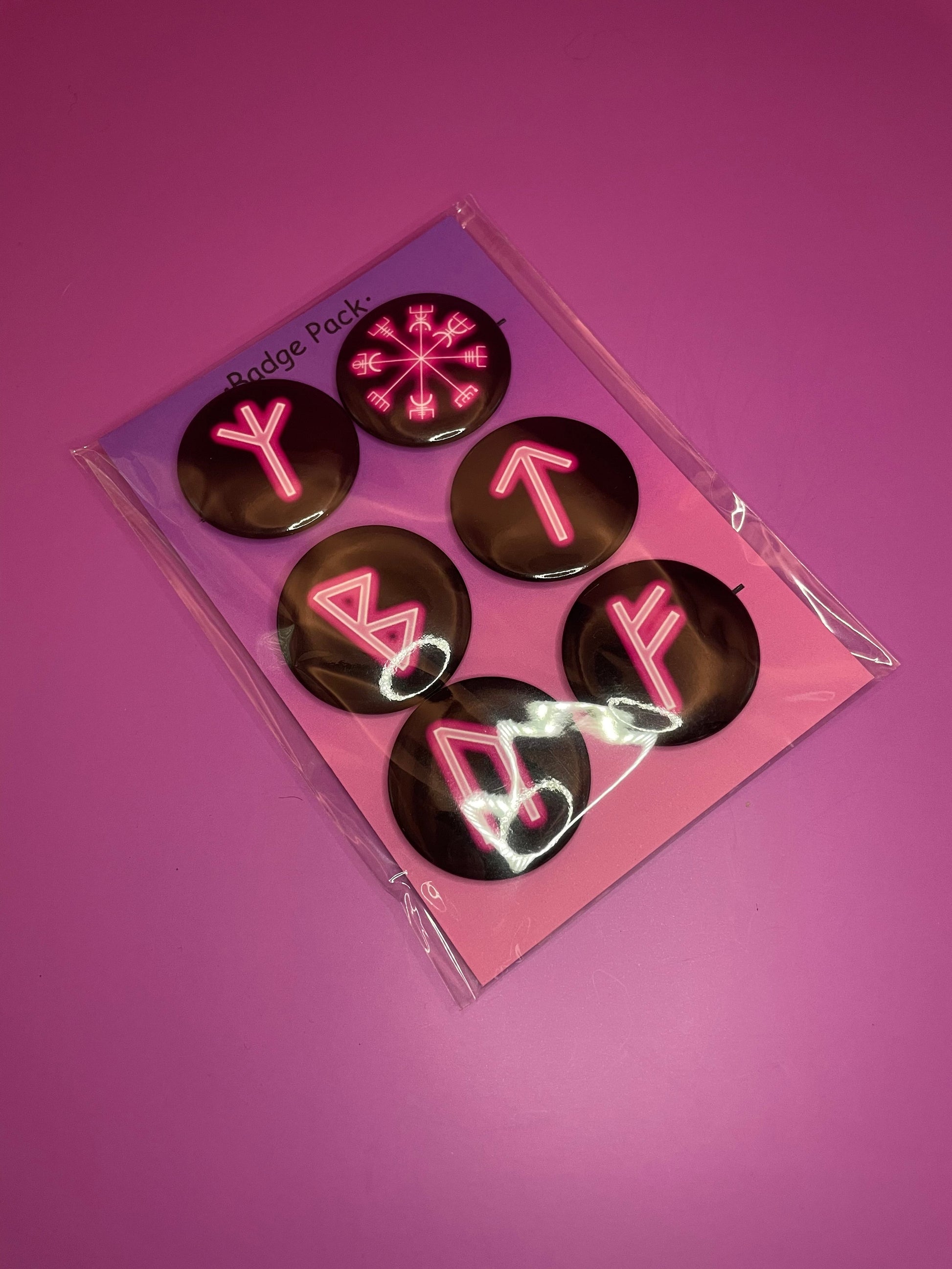 Pink Viking/Norse Rune Badge Pack - Set 1 - Vegvisir, Algiz, Tiwaz, Berkana, Fehu and Urus Shadowolf Art