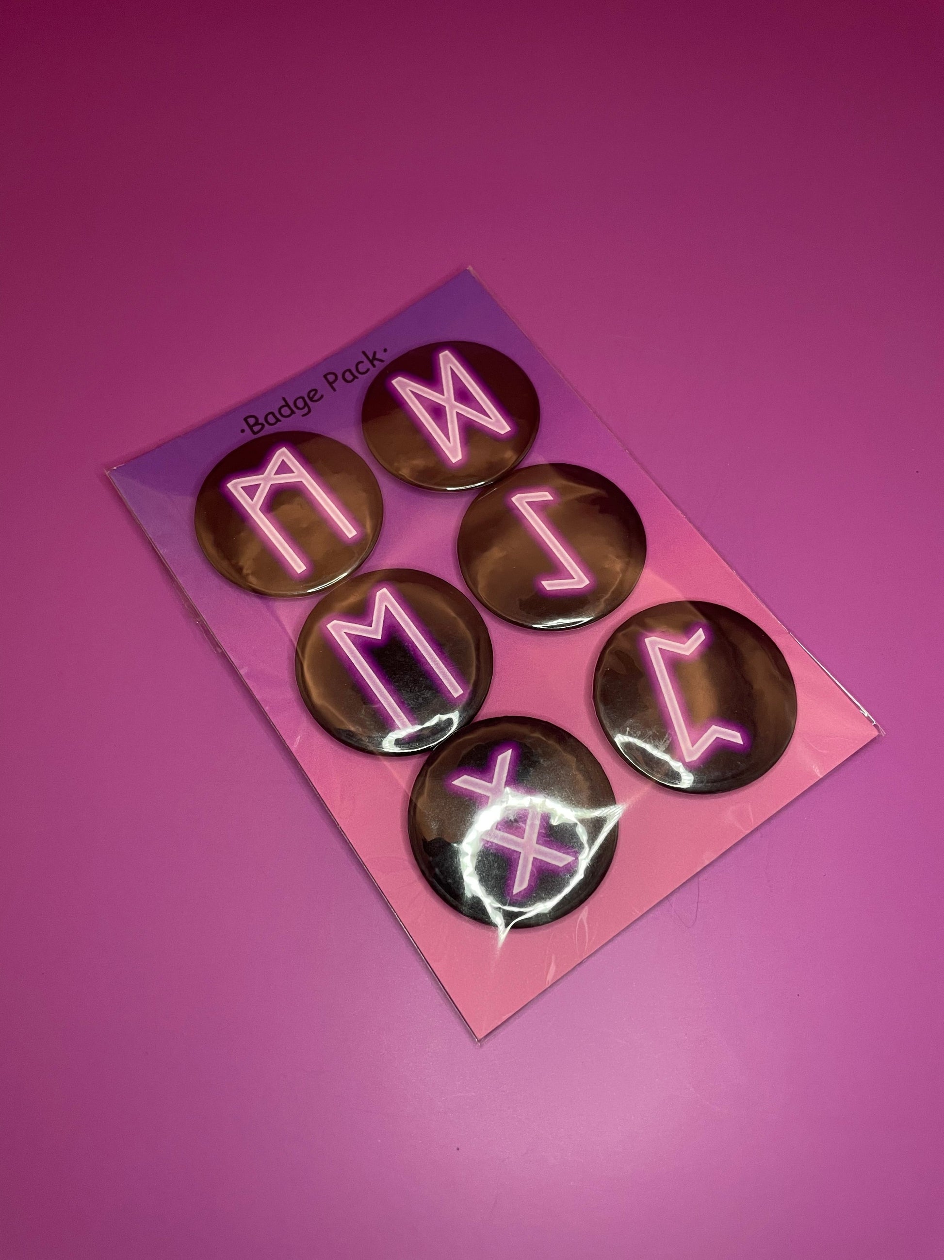 Lilac Viking/Norse Rune Art Button Badge Pack - Set 2 - Dagaz, Mannaz, Eiwaz, Ehwaz, Peorth and Ingwaz Shadowolf Art