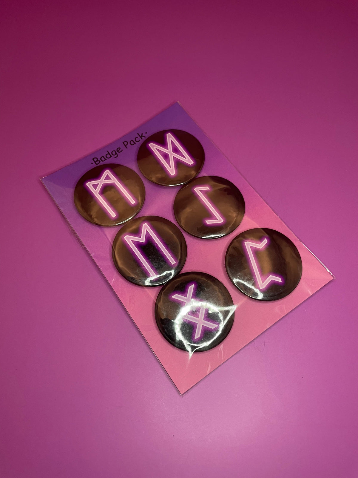 Lilac Viking/Norse Rune Art Button Badge Pack - Set 2 - Dagaz, Mannaz, Eiwaz, Ehwaz, Peorth and Ingwaz Shadowolf Art