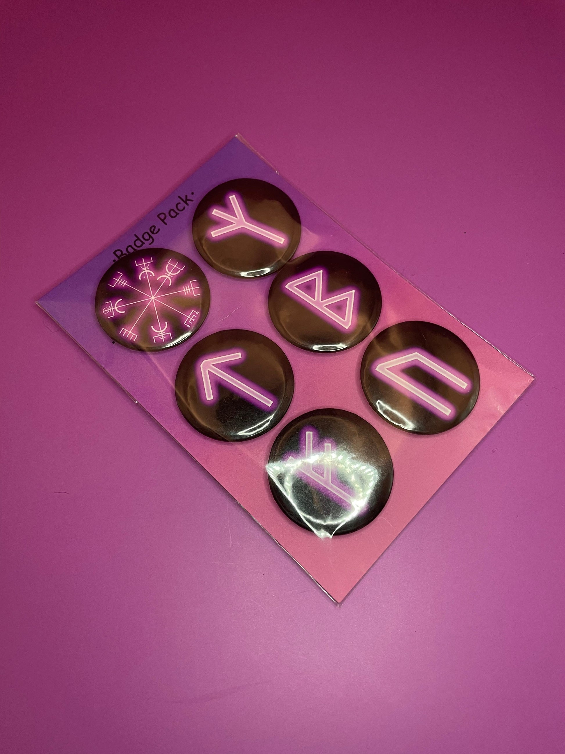 Lilac Viking/Norse Rune Badge Pack - Set 1 - Vegvisir, Algiz, Tiwaz, Berkana, Fehu and Urus Shadowolf Art