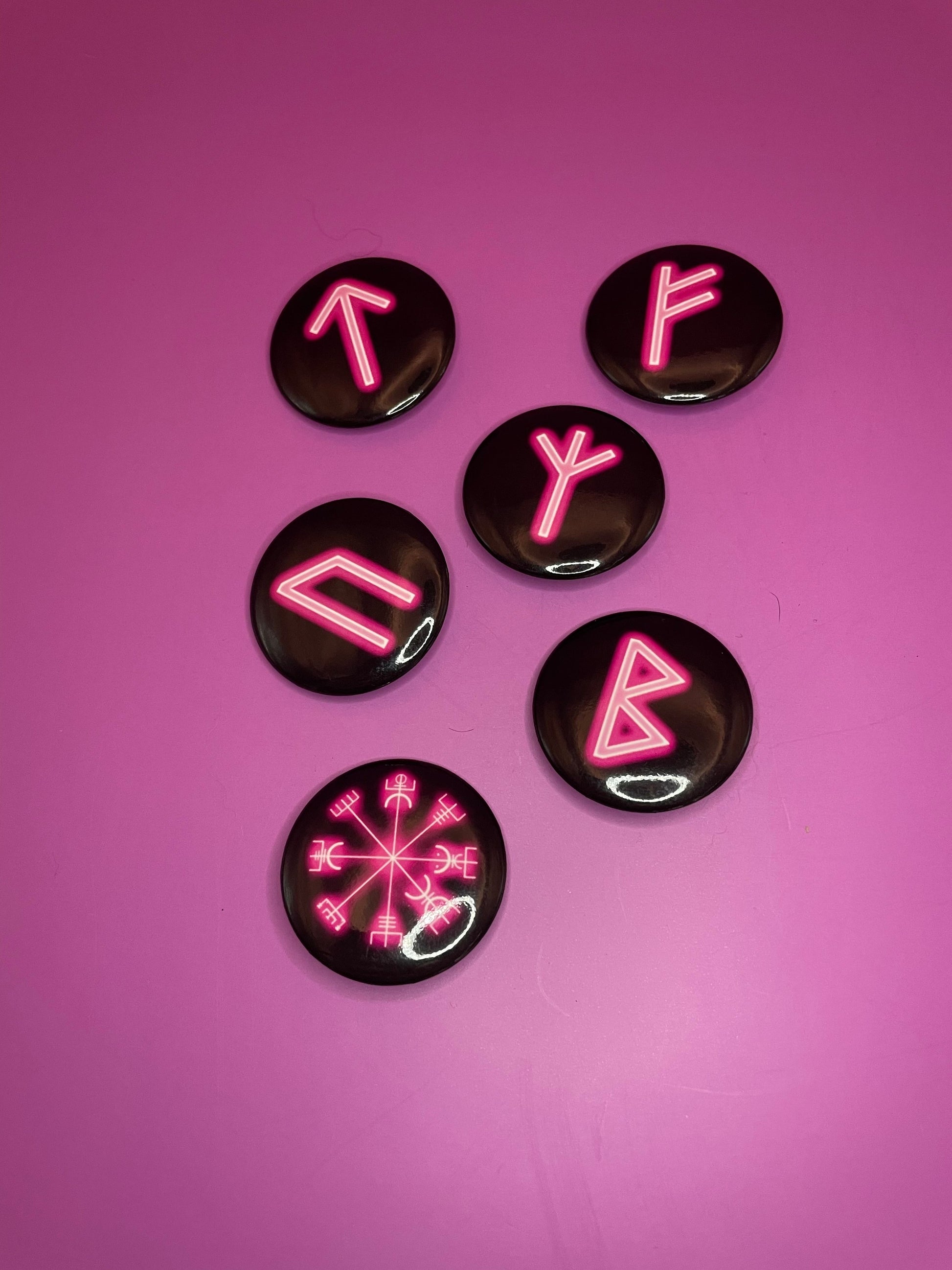 Pink Viking/Norse Rune Badge Pack - Set 1 - Vegvisir, Algiz, Tiwaz, Berkana, Fehu and Urus Shadowolf Art