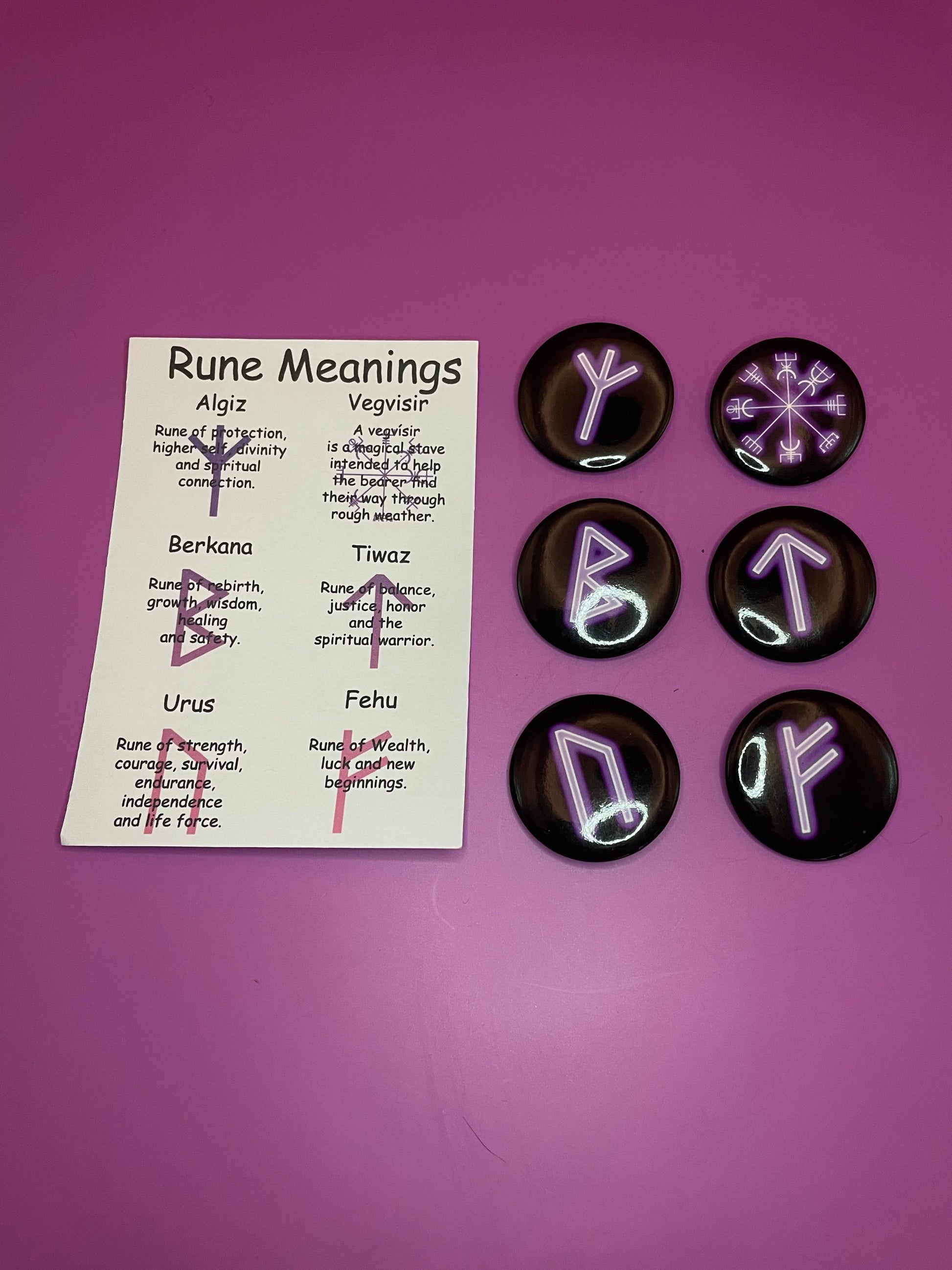 Purple Viking/Norse Rune Badge Pack - Set 1 - Vegvisir, Algiz, Tiwaz, Berkana, Fehu and Urus Shadowolf Art
