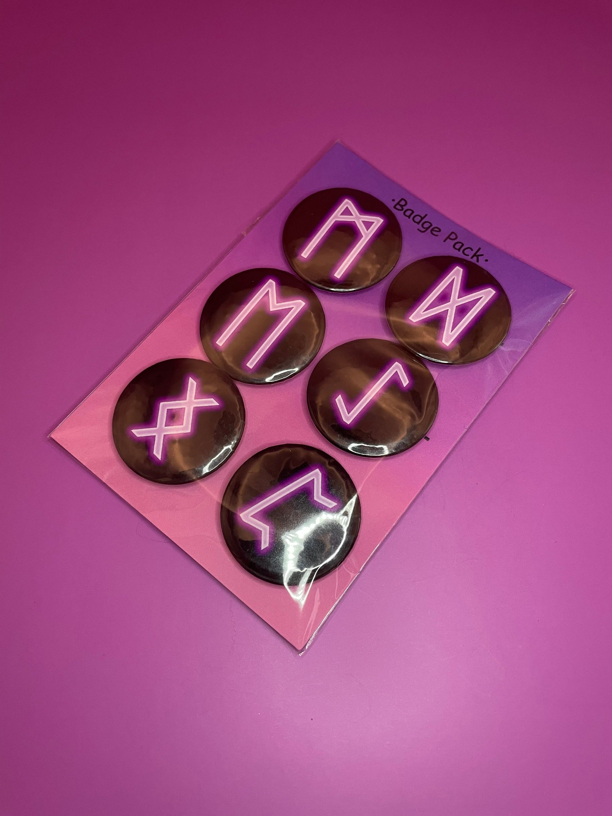 Lilac Viking/Norse Rune Art Button Badge Pack - Set 2 - Dagaz, Mannaz, Eiwaz, Ehwaz, Peorth and Ingwaz Shadowolf Art