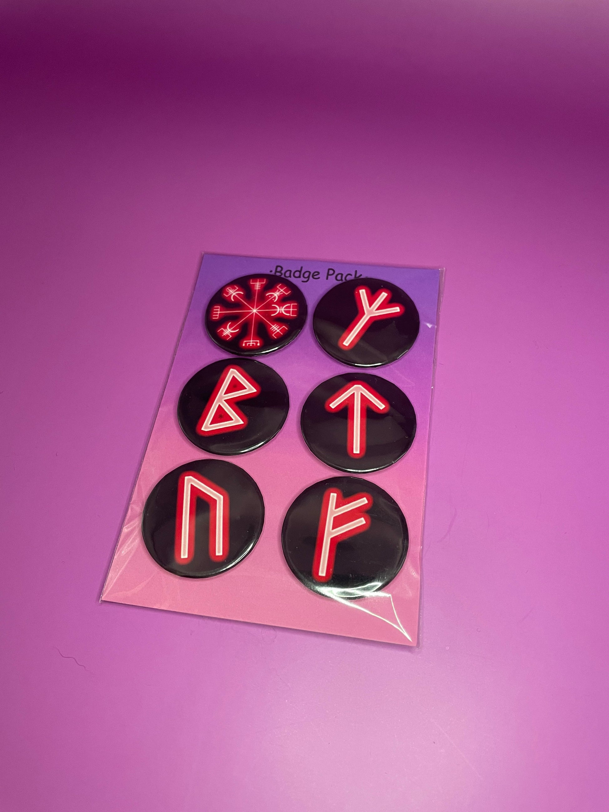 Red Viking/Norse Rune Badge Pack - Set 1 - Vegvisir, Algiz, Tiwaz, Berkana, Fehu and Urus Shadowolf Art