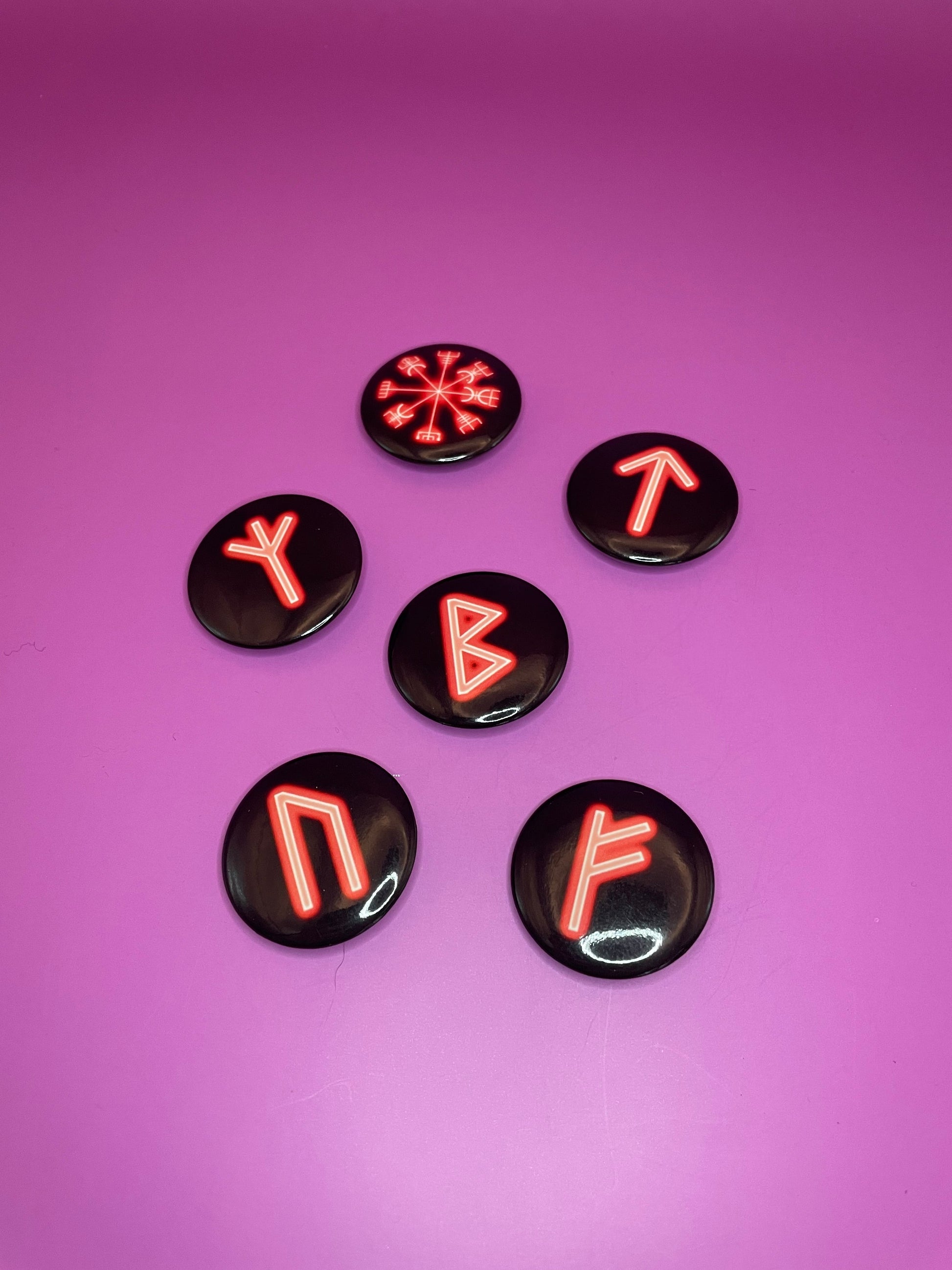 Red Viking/Norse Rune Badge Pack - Set 1 - Vegvisir, Algiz, Tiwaz, Berkana, Fehu and Urus Shadowolf Art