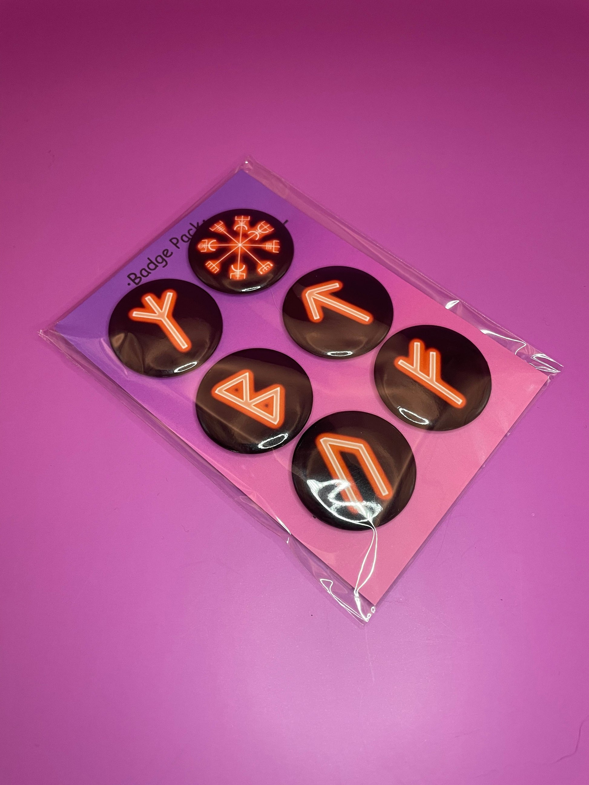 Orange Viking/Norse Rune Badge Pack - Set 1 - Vegvisir, Algiz, Tiwaz, Berkana, Fehu and Urus Shadowolf Art