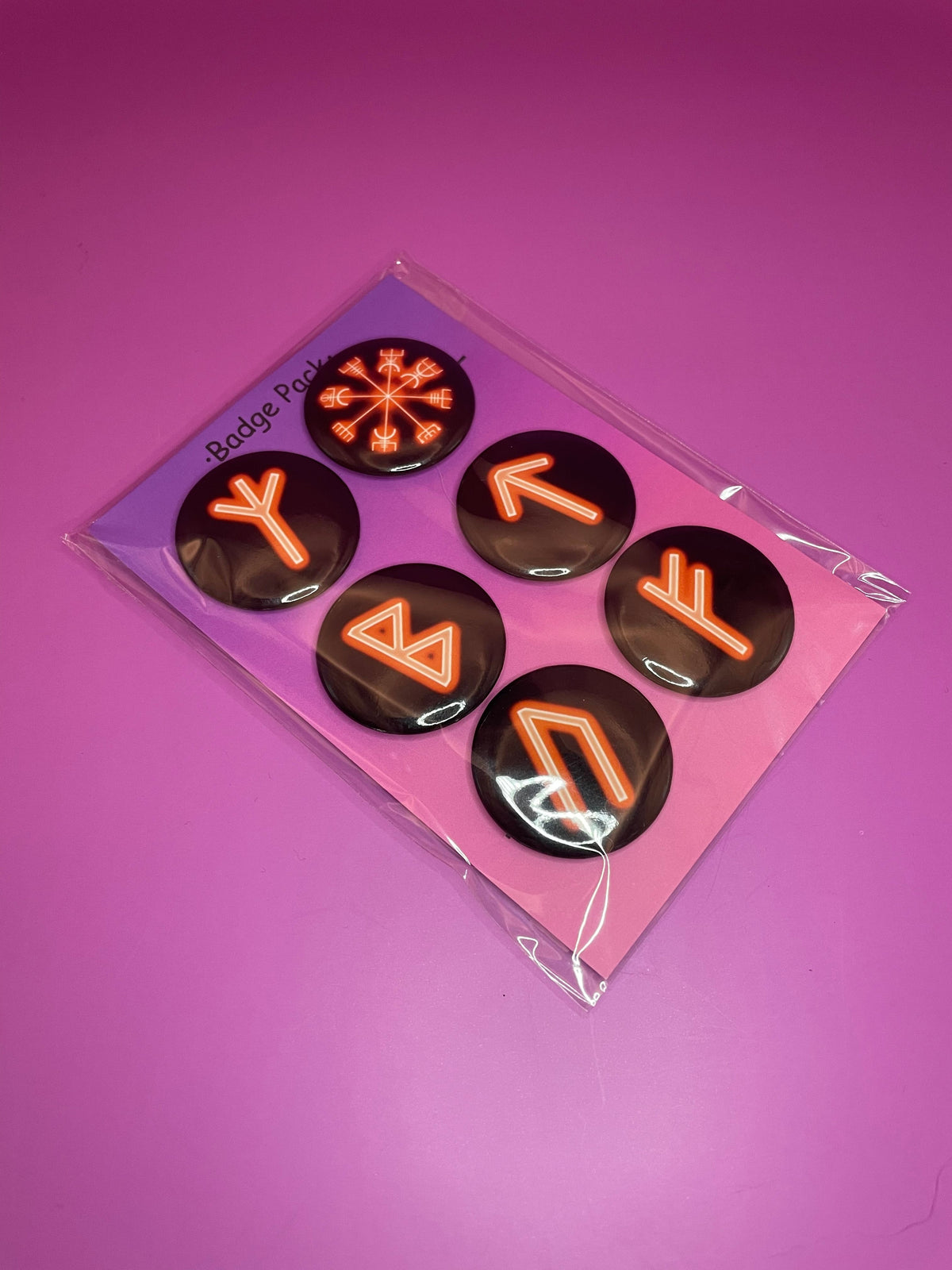 Orange Viking/Norse Rune Badge Pack - Set 1 - Vegvisir, Algiz, Tiwaz, Berkana, Fehu and Urus Shadowolf Art