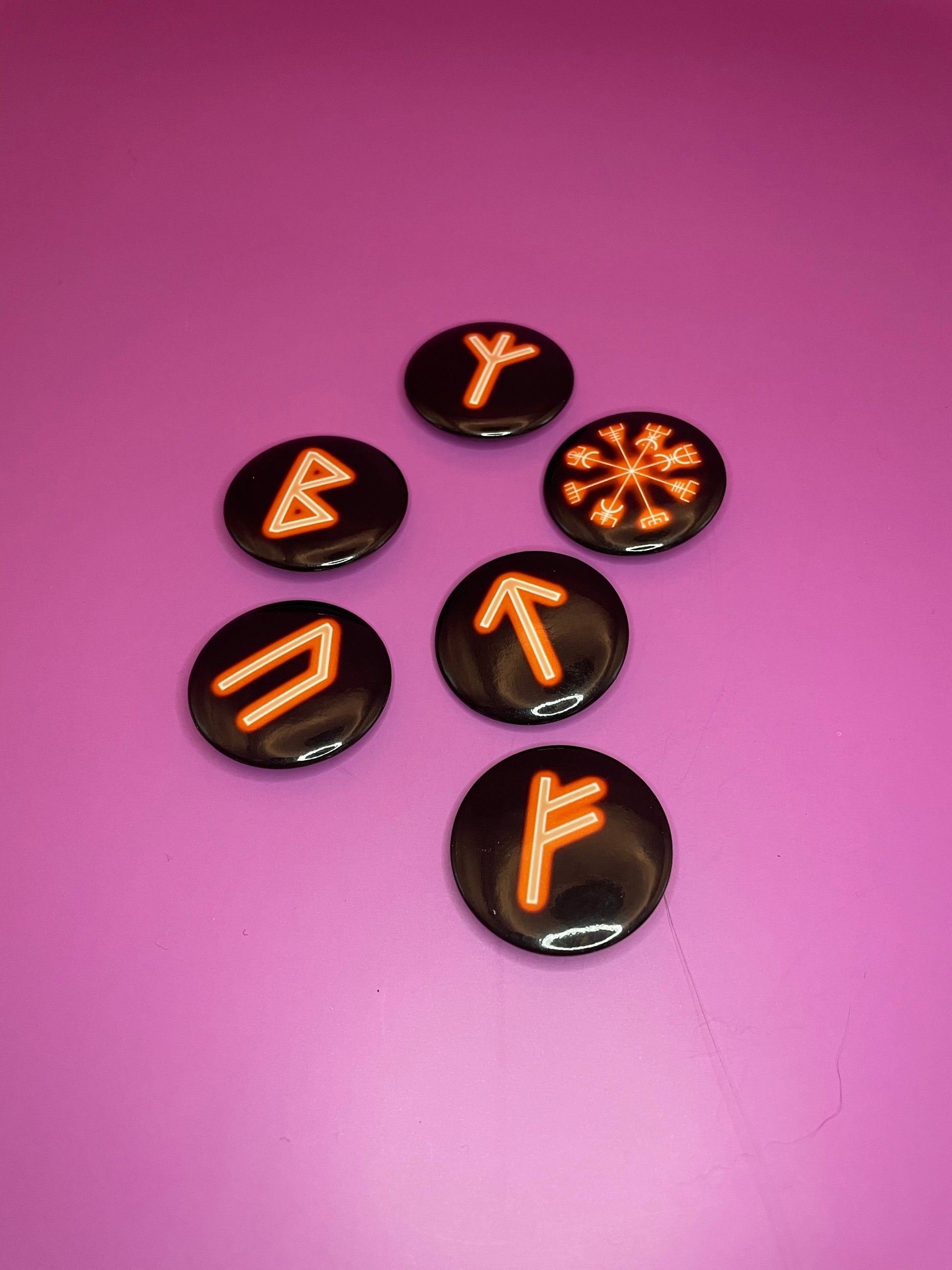 Orange Viking/Norse Rune Badge Pack - Set 1 - Vegvisir, Algiz, Tiwaz, Berkana, Fehu and Urus Shadowolf Art