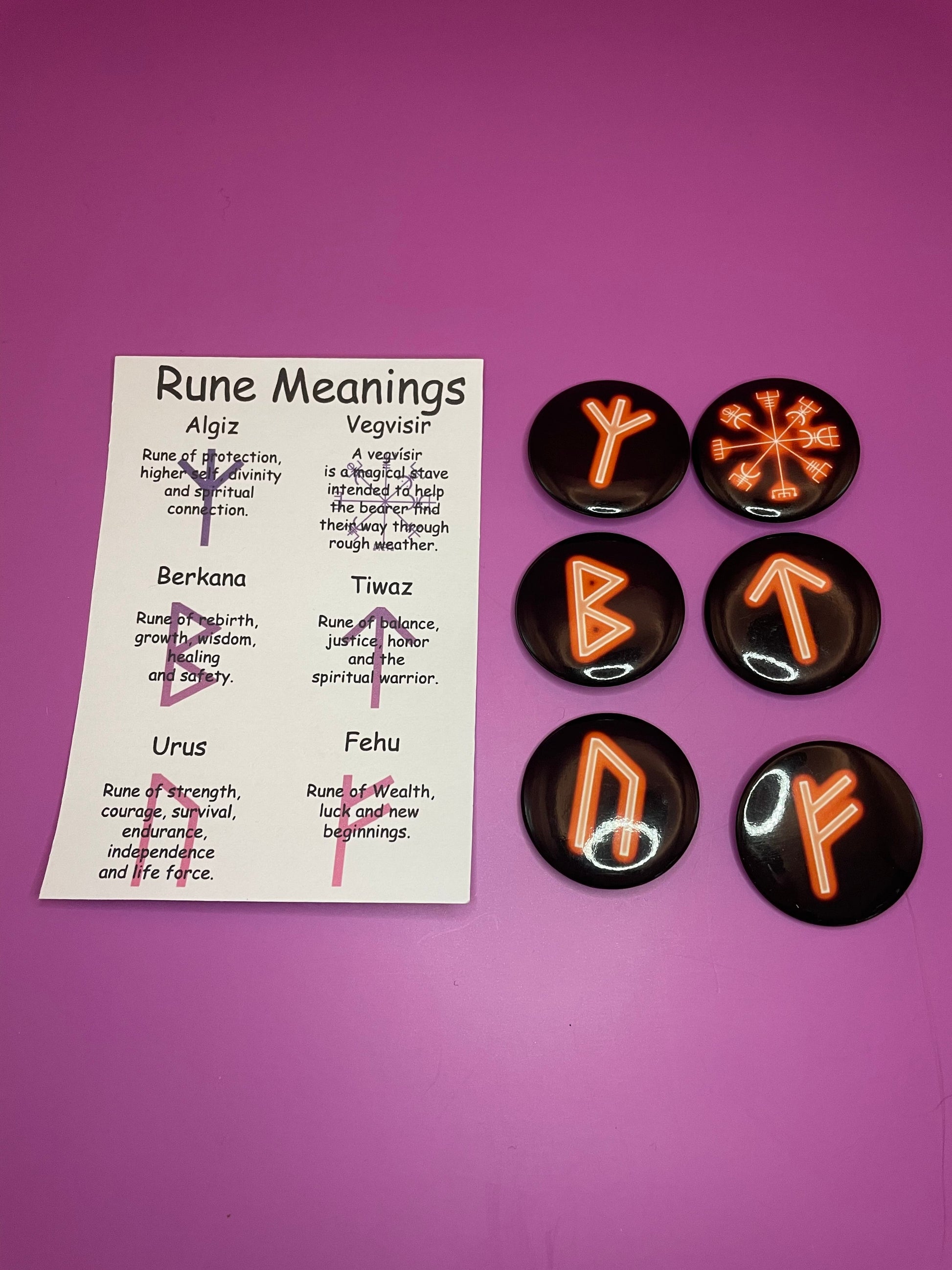 Orange Viking/Norse Rune Badge Pack - Set 1 - Vegvisir, Algiz, Tiwaz, Berkana, Fehu and Urus Shadowolf Art