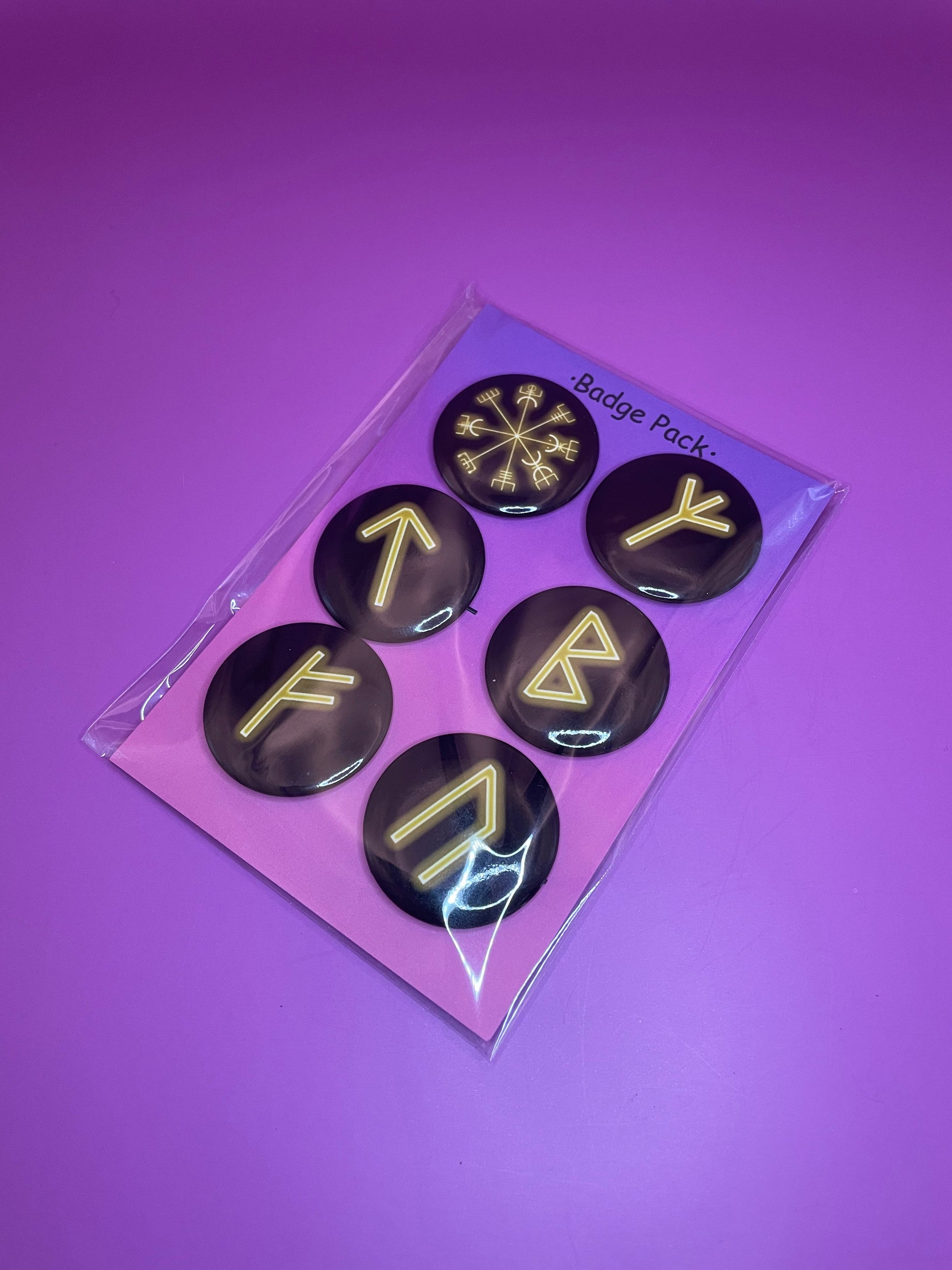 Yellow Viking/Norse Rune Badge Pack - Set 1 - Vegvisir, Algiz, Tiwaz, Berkana, Fehu and Urus Shadowolf Art