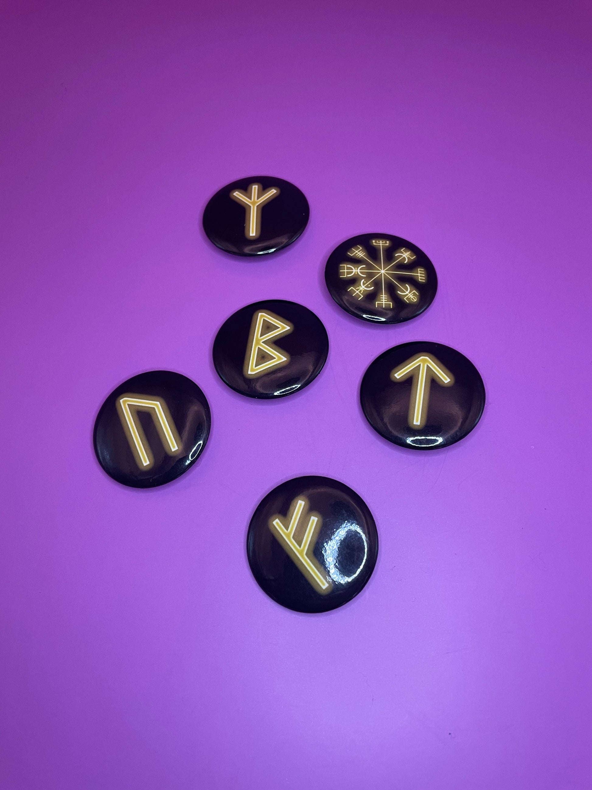 Yellow Viking/Norse Rune Badge Pack - Set 1 - Vegvisir, Algiz, Tiwaz, Berkana, Fehu and Urus Shadowolf Art