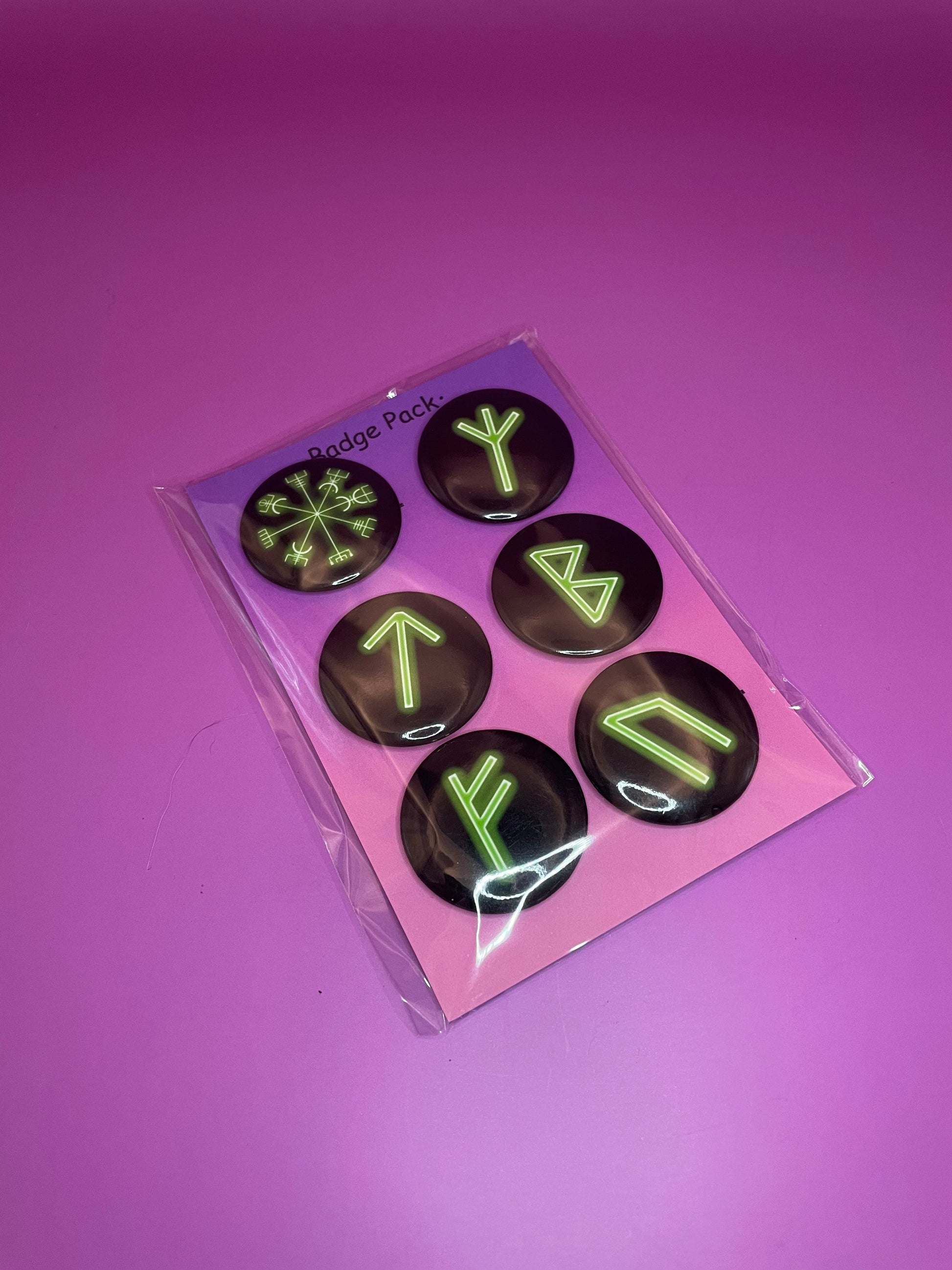 Green Viking/Norse Rune Badge Pack - Set 1 - Vegvisir, Algiz, Tiwaz, Berkana, Fehu and Urus Shadowolf Art