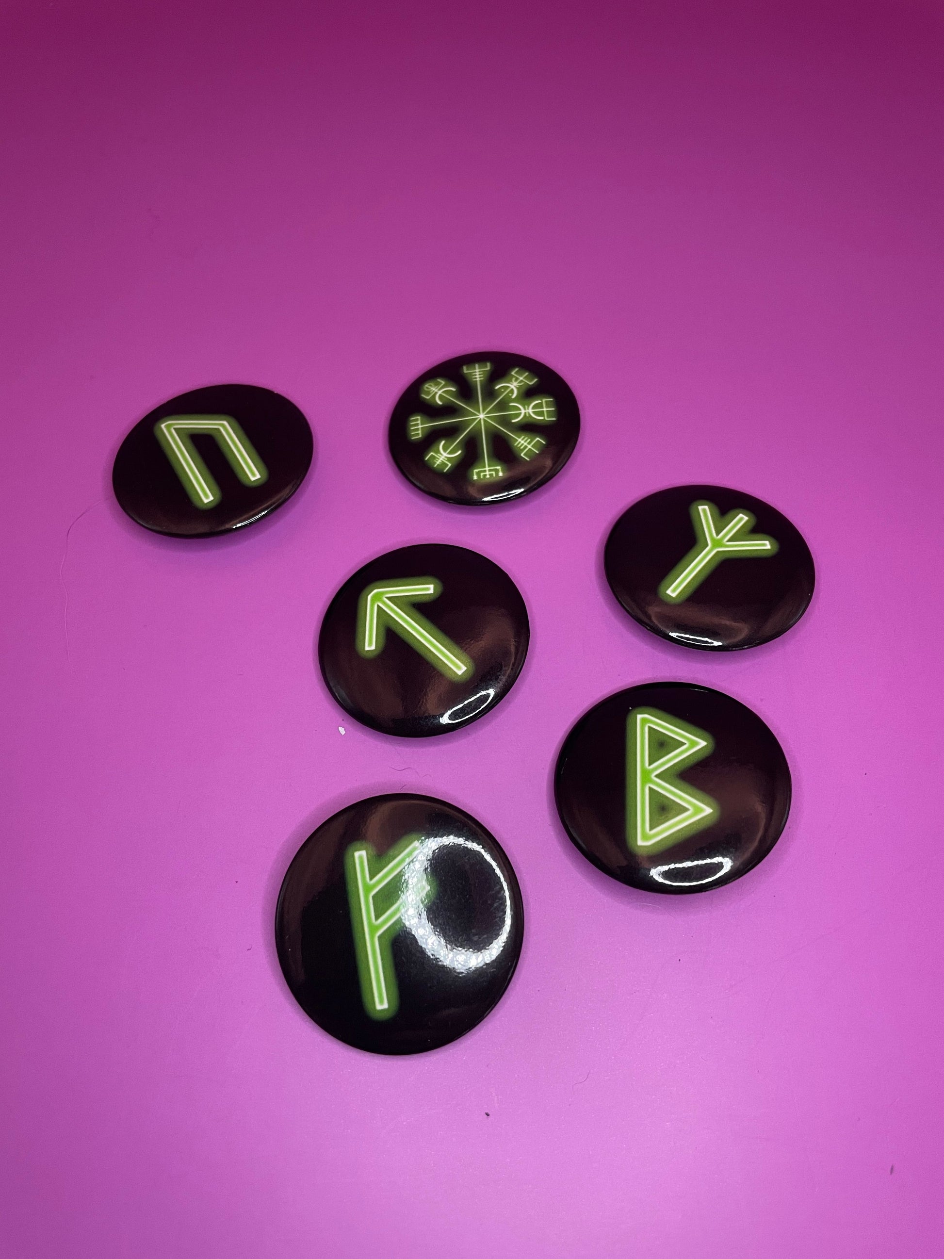 Green Viking/Norse Rune Badge Pack - Set 1 - Vegvisir, Algiz, Tiwaz, Berkana, Fehu and Urus Shadowolf Art
