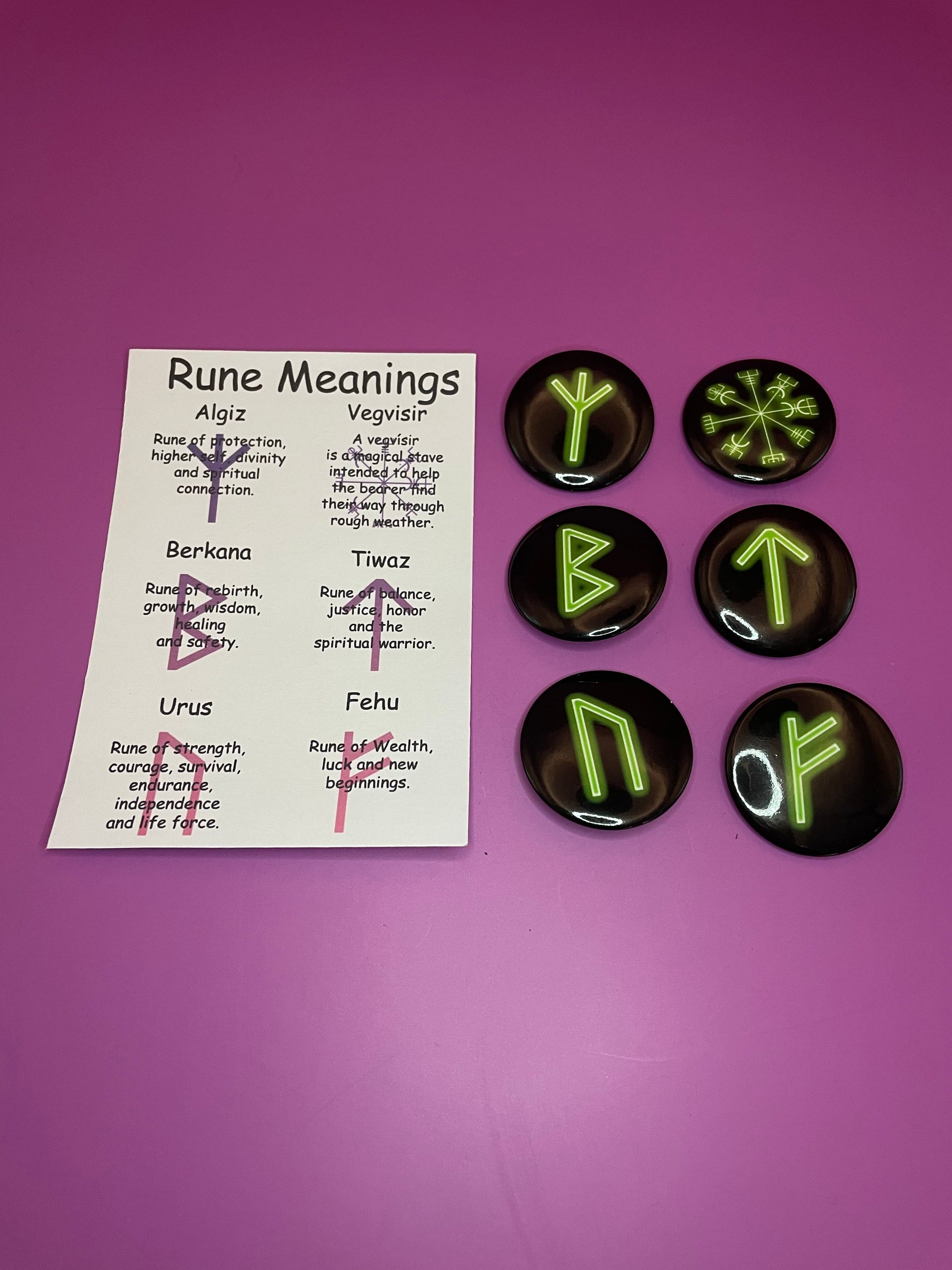 Green Viking/Norse Rune Badge Pack - Set 1 - Vegvisir, Algiz, Tiwaz, Berkana, Fehu and Urus Shadowolf Art