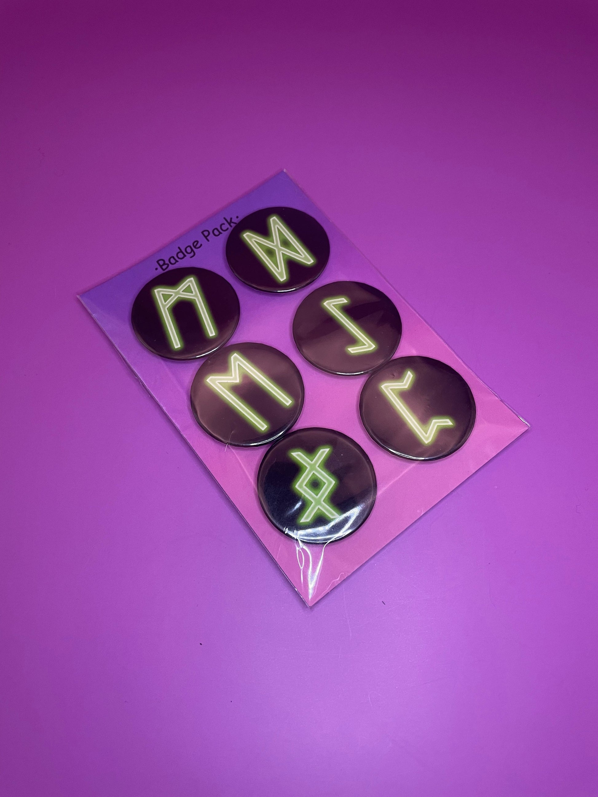Viking and Norse Rune Art Button Badge Pack - Set 2 - Red, Orange, Yellow, Green, Blue, Purple or Pink.&nbsp; Shadowolf Art