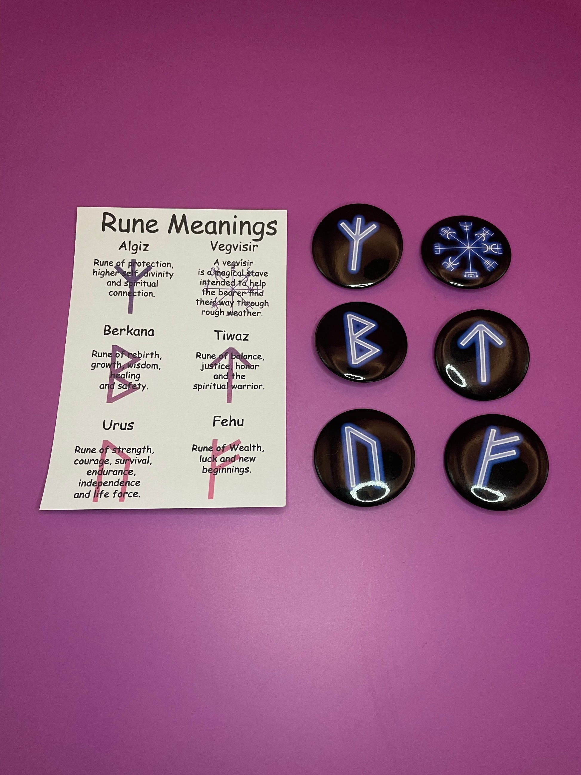 Blue Viking/Norse Rune Badge Pack - Set 1 - Vegvisir, Algiz, Tiwaz, Berkana, Fehu and Urus Shadowolf Art