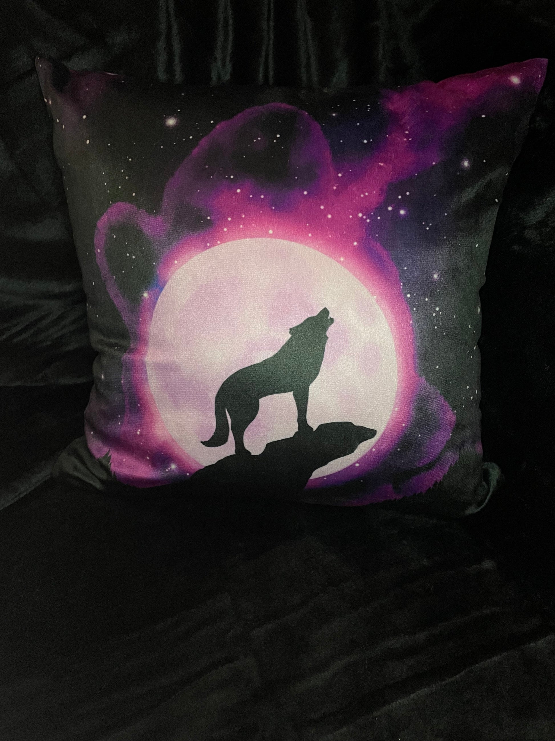 Howling at the Purple Moon Square Throw Pillow Shadowolf Art